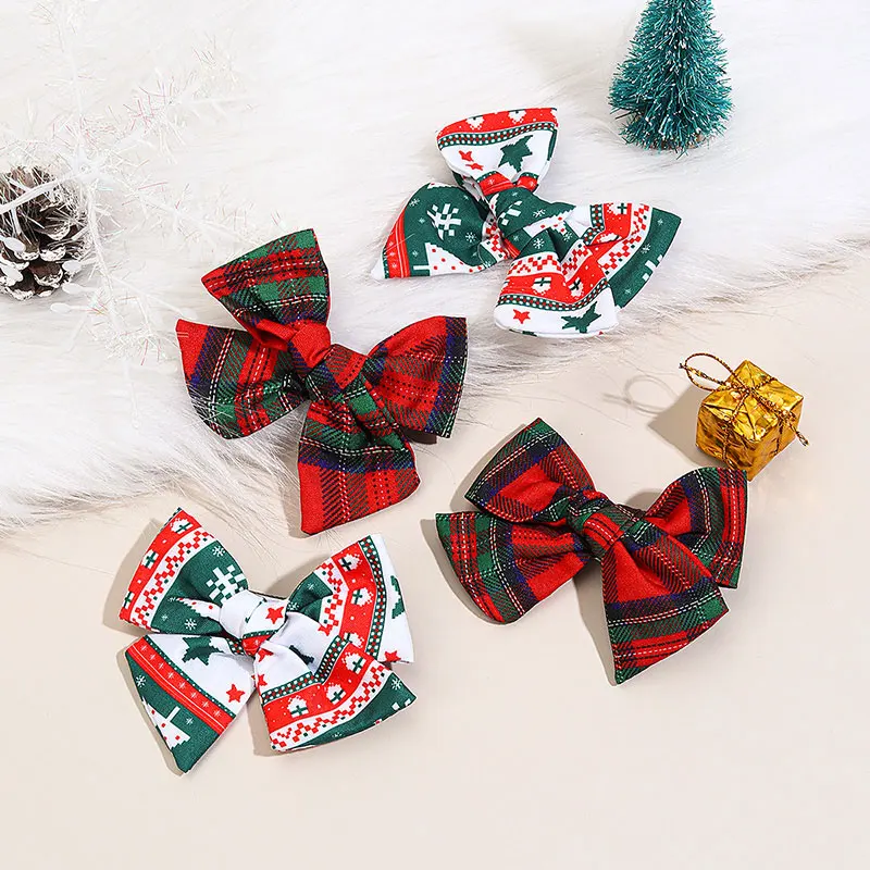 2PCS Vintage Christmas Plaid Hair Bow Clip For Girls Handmade Hairgrips Kids Hairpin Barrettes Children Headwear Accessories