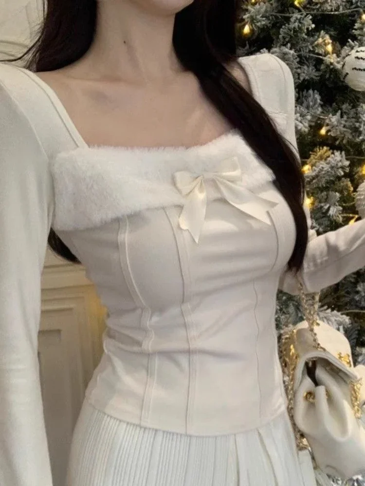 

QWEEK Bodycon Slim Skinny Y2k T Shirt Women Vintage Elegant Patchwork Long Sleeve White Tees Korean Fashion Kpop Top 2024 Autumn