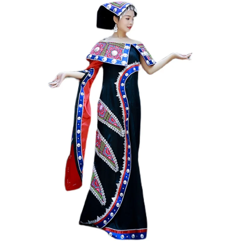 Chinese Yao Nationality Singer Presides Stage Performance Costumes Black Embroidered Long Dress Ethnic Style Prom Dresses