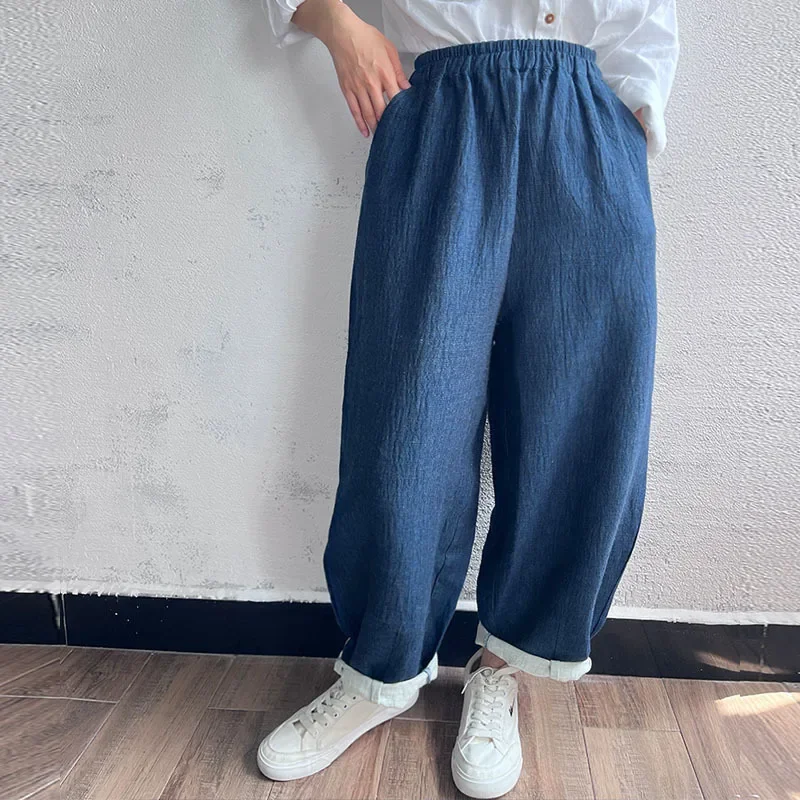 

Casual Cotton Linen Women'S Pants Blue High Waist Wide Leg Streetwear Trousers Pantalon Femme Women'S Clothing Free Shipping