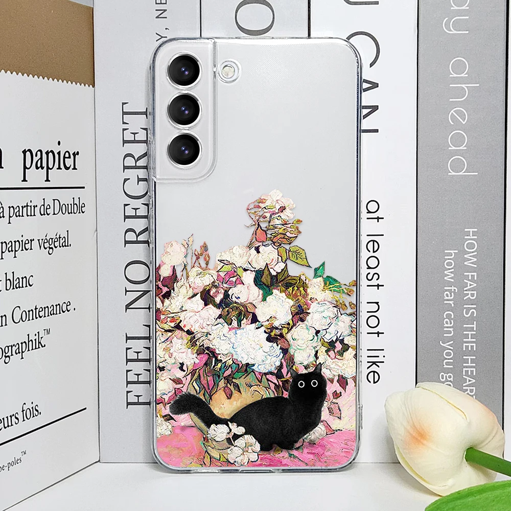 Retro Oil Painting Van-Gogh Cat Phone Case for Samsung Galaxy S25 S24 S23 S22 S21 Ultra Plus FE 5G Transparent Soft Cover Fundas