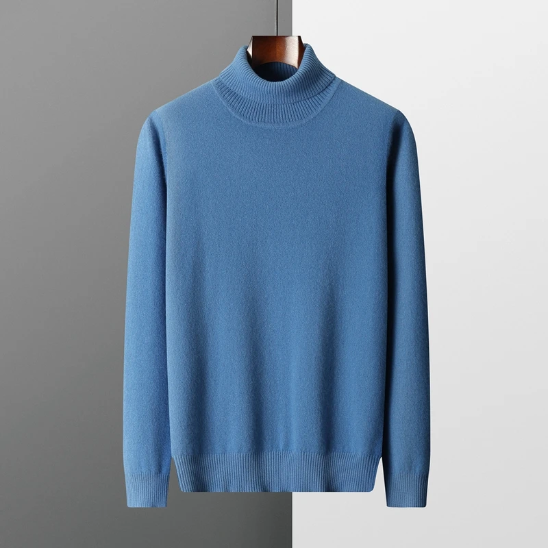 Jersey de punto de lana de cabra pura para hombre, suéter suave y cálido de cuello alto, ropa estándar de grado superior, 10 colores, 100%