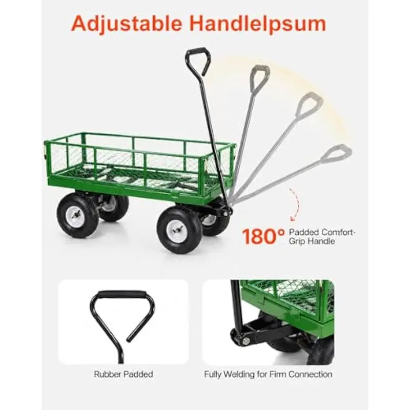 Heavy-Duty Steel Garden Wagon with 600 lb Capacity • 4 Cubic Feet Load Volume • 10 Inch Pneumatic Tires • 180 Degree Rotating Cu