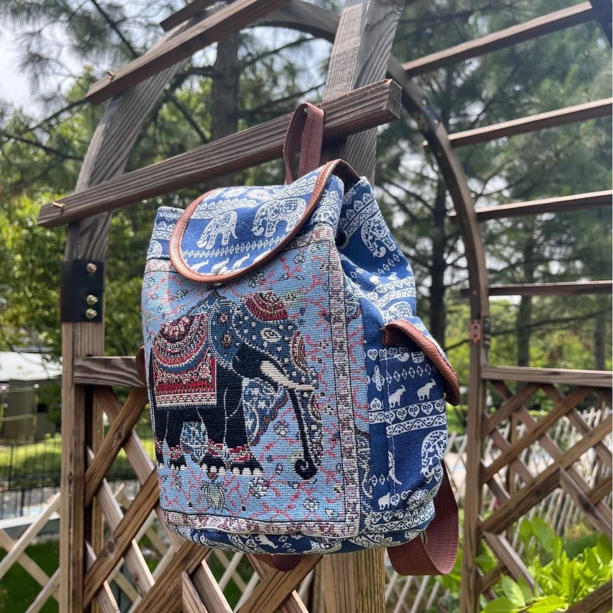 Ethnic Style Embroidered Jacquard Canvas Women\'s Backpack Large Capacity Drawstring Buckle Top Backpack