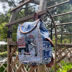 Ethnic Style Embroidered Jacquard Canvas Women's Backpack Large Capacity Drawstring Buckle Top Backpack