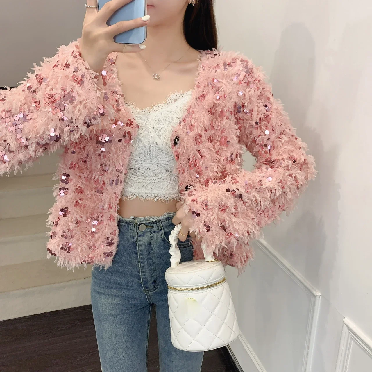 Pink Sequins Jacket Women 2023 Fashion Elegant V Neck Long Sleeve Feathers Coats Autumn Winter New Single Breasted Coat