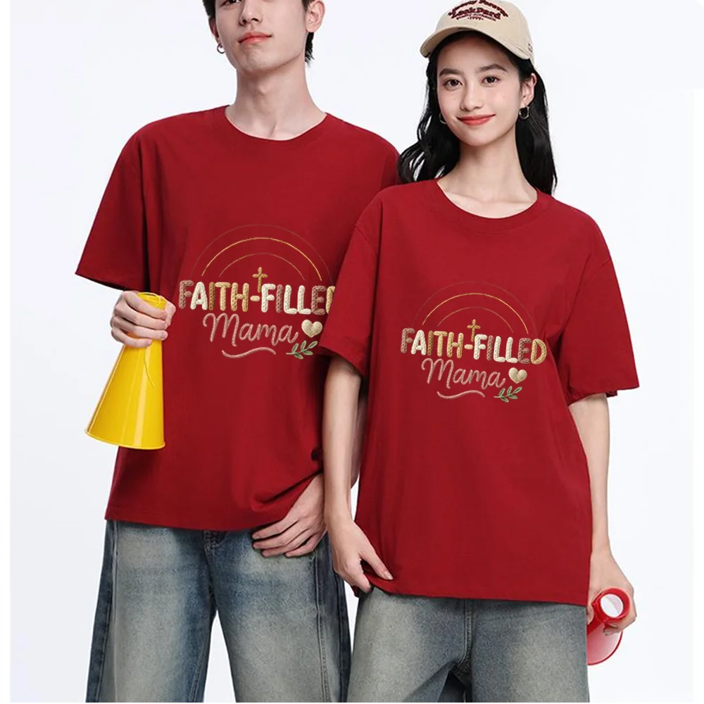 Faith-Filled Mama Cross Rainbow Printed T Shirt Cotton S-XXL Personalized Custom Casual Short Sleeve Tee Aesthetic Graphic Top U