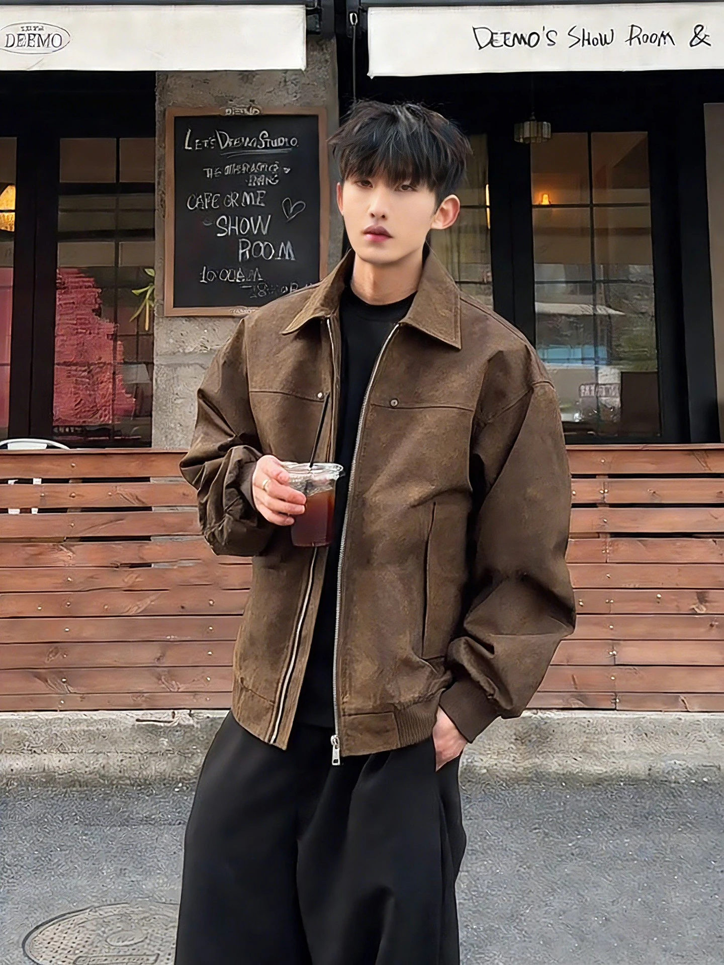 

Карамельная кожаная куртка в американском стиле, с отложным воротником, в мотоциклетном стиле, пилотская куртка, весенняя мода для мужчин, молодежный тренд