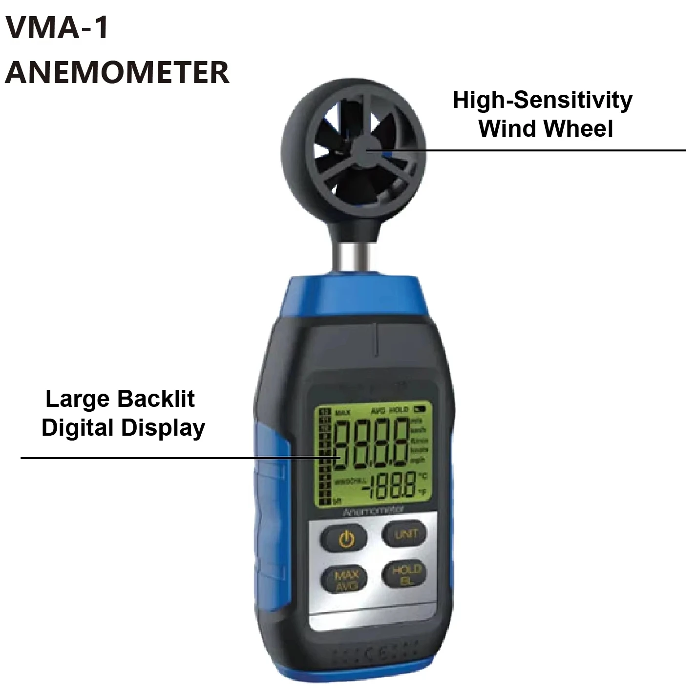

VMA-1 Portable Anemometer Low Power Consumption Powered by 3xAAA Batteries Wind Measurement Device