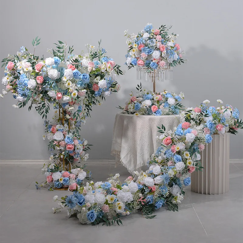 

Blue White Pink Rose Baby's Breath Artificial Arrangement Tables Centerpieces Wedding Backdrop Decor Floral Event Stage Flower