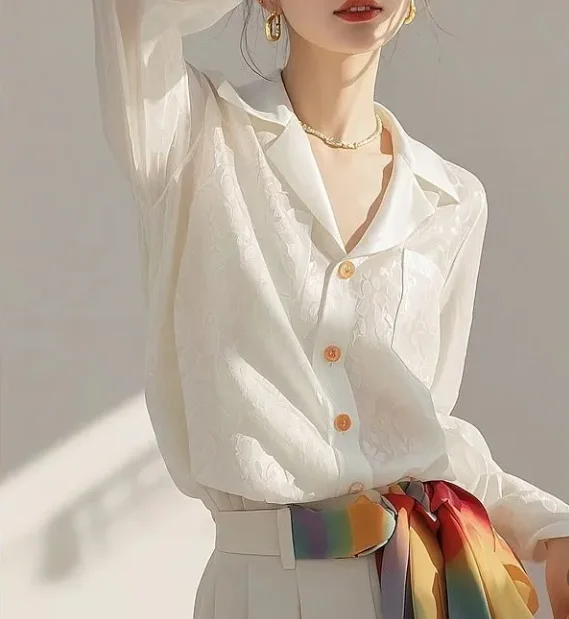 

White long sleeved women's shirt chiffon top