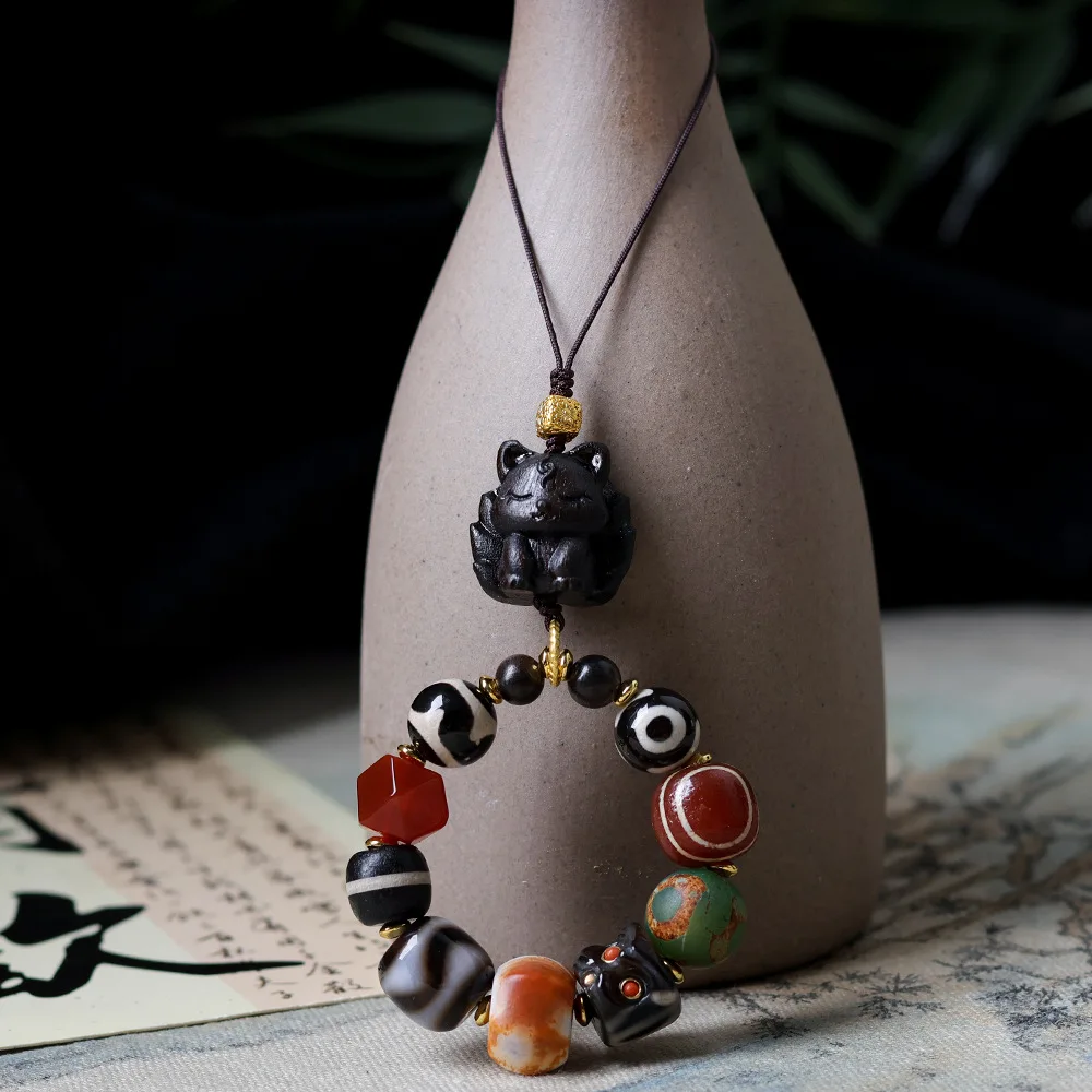 Heavenly Bead Treasure Peach Blossom Artisan Sandalwood Nine-Tailed Fox Marriage Ethnic Style Phone Chain Bag Pendant