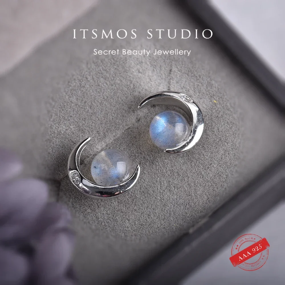 

ITSMOS Geometric Labradorite Moon Earrings s925 Silver Earrings C-Shaped Round Natural Stone Circle Earrings Jewelry for Women