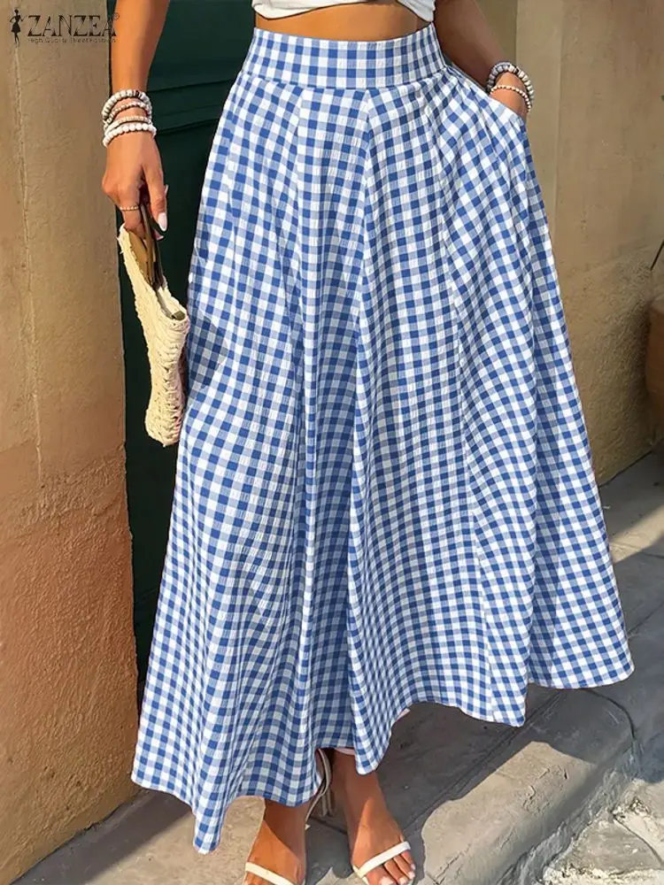 2025 ZANZEA Women Plaid Checked Long Skirts Autumn Jupes Elegant