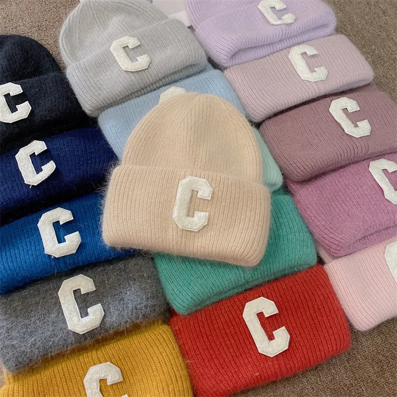 Luxury Brand Real Rabbit Fur Letter C Knitted Hat Women Winter Warm Beanie Casual Knit Men\'s Hat Soft Fluffy Ski Skullies Caps