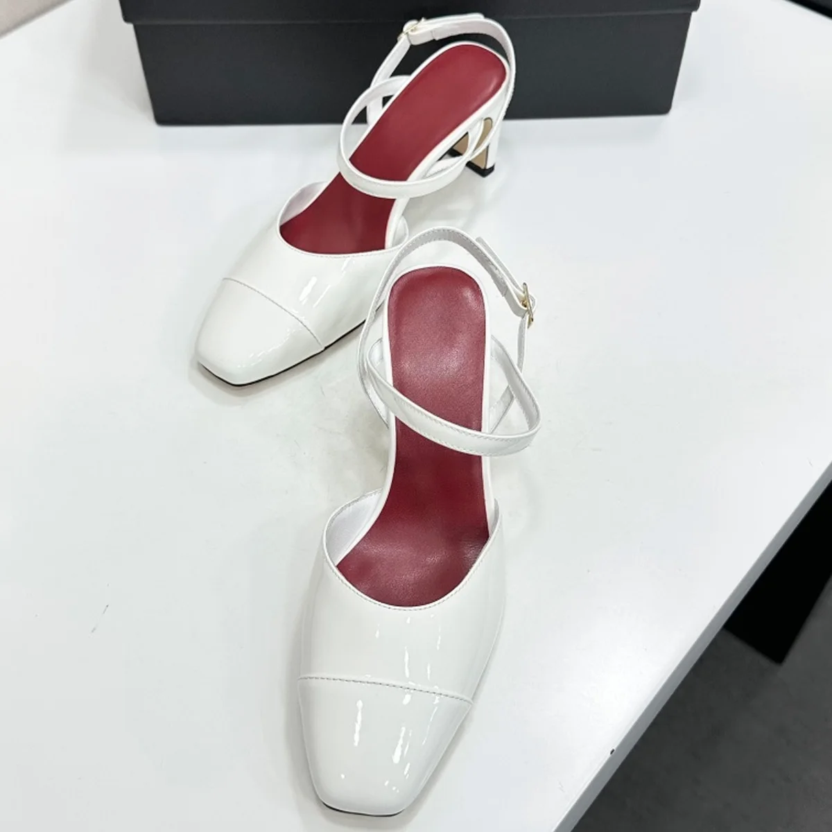 

2026 Women's Patent Leather Cap-Toe Slingback Block Heel Pumps, Fashion Office Evening Shoes YYT26060145