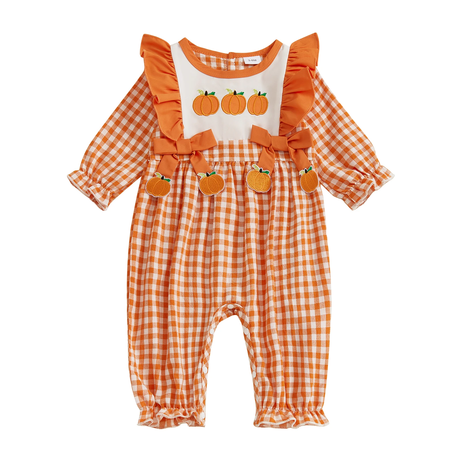 

Baby Girls Thanksgiving Plaid Romper Pumpkin Turkey Embroidery Long Sleeve Jumpsuits for Newborn