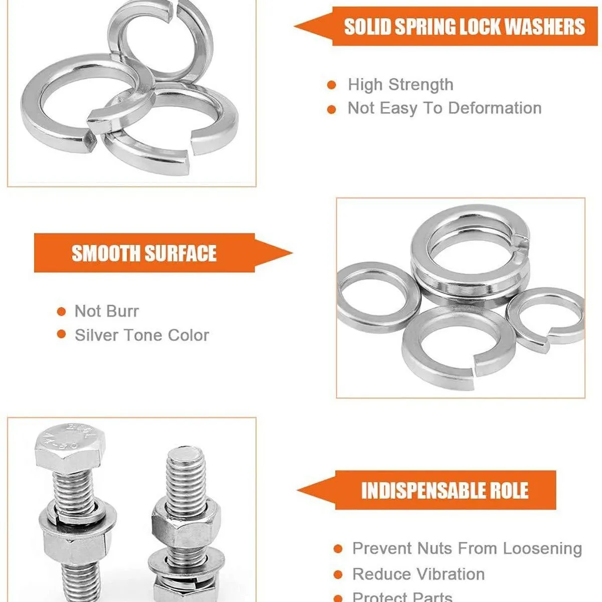 480PCS M2-M12 304 Stainless Steel Spring Lock Washer Set, Assorted Flat Ring for Automotive & Machinery Repair