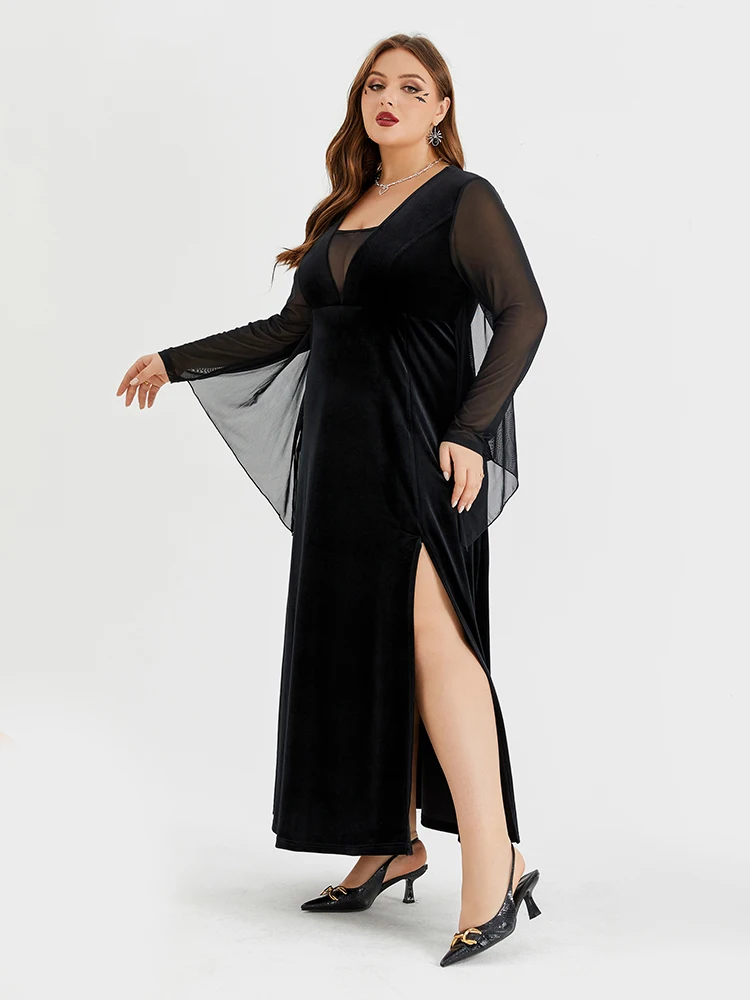 Plus Sized Clothing Gothic Vintage Dress Contrast Mesh Batwing Sleeve Velvet Split Maxi Dress Women Cosplay Party Outfits