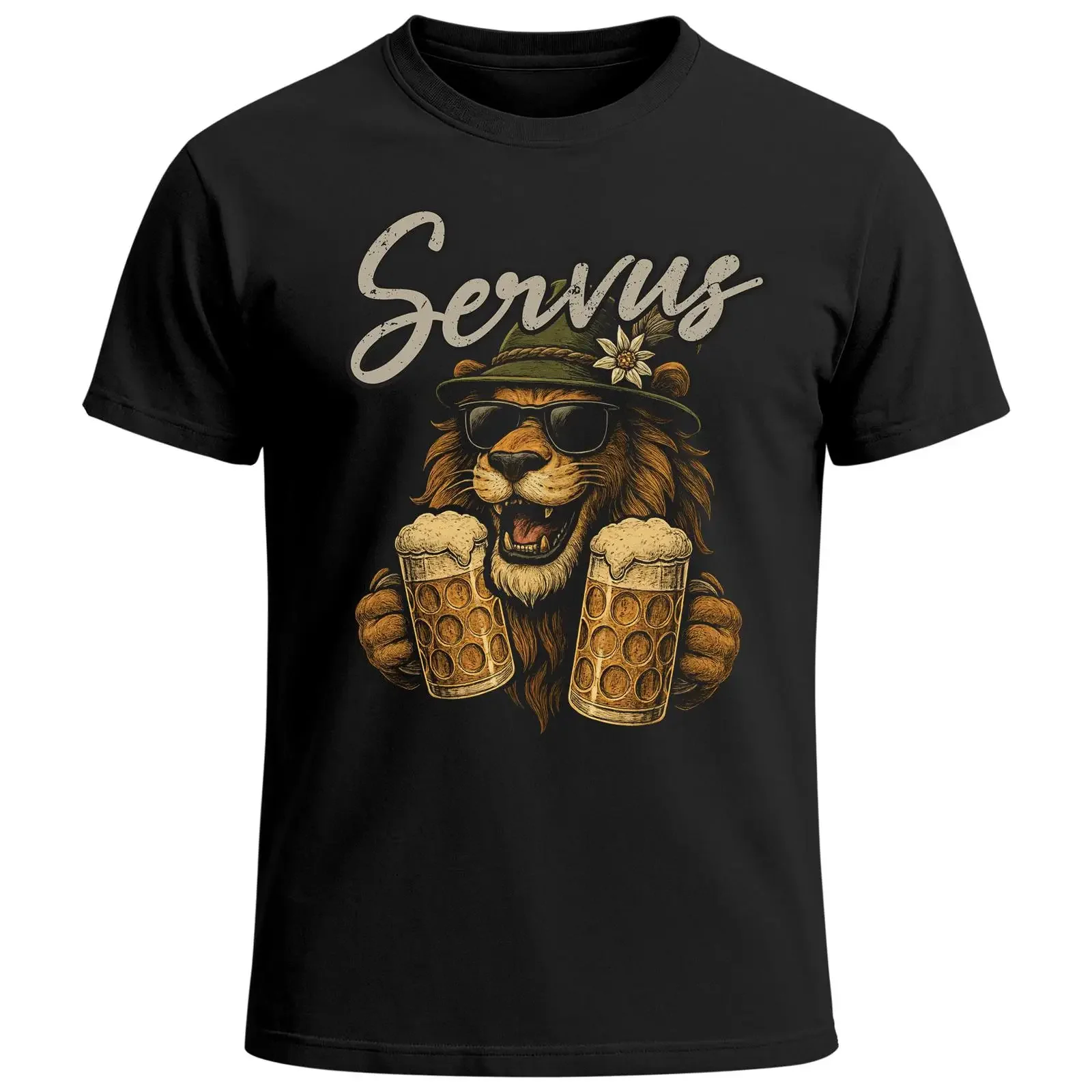 MoonWorks Herren Oktoberfest T-Shirt Servus Löwenbier Lustiges Bayerisches Traditionelles Festival-Party Vintage Gewaschen Weich