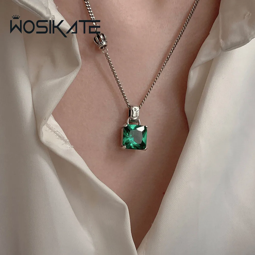 

WOSIKATE модное винтажное тайское серебряное ожерелье с подвеской в виде зеленого циркония для женщин, нишевый дизайн, роскошные модные украшения