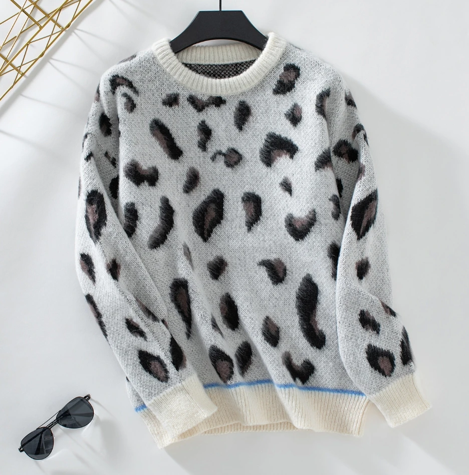 Knitted Sweater for Women Autumn Long Sleeve Leopard Print Jacquard Woolen Loose Pullover Womens Round Neck Oversized Top