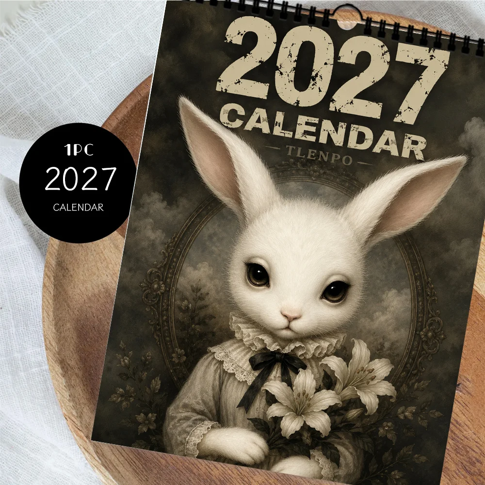 1 calendrier mural vintage victorien représentant un lapin, modèle 2027, avec 12 pages pour planifier les mois, idéal comme cadeau pour Noël, Halloween ou le Nouvel An, autocollants offerts.