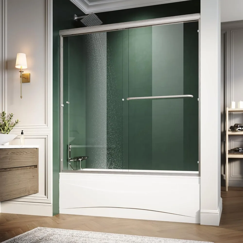 H Bypass sliding tub glass door, semi-frameless shower door, 1/4 inch. Transparent tempered glass with brushed nickel finish