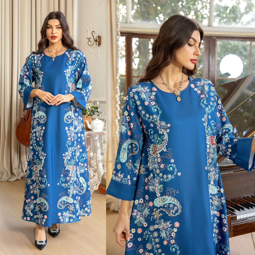 Floral Printed Abaya Loose Robe Pearls Diamonds Long Dress Elegant Round Neck Jalabiya Eid Gown For Muslim Women Islamic Kaftan