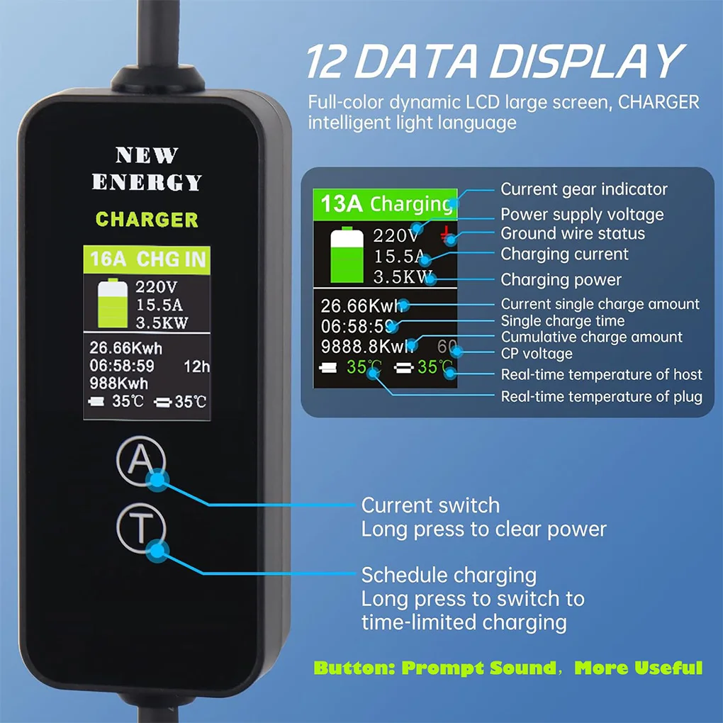 

Портативное зарядное устройство для электромобилей с ЖК-дисплеем Type-2, 16 А, 5 кВт, с сумкой, портативное зарядное устройство для электромобилей с ЖК-дисплеем, вилка европейского стандарта