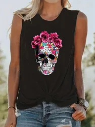 Women's Summer Skeleton Rose Print Large Casual Round Neck Sleeveless Loose Tank Top T-shirt Fashion Streetwear Oversized