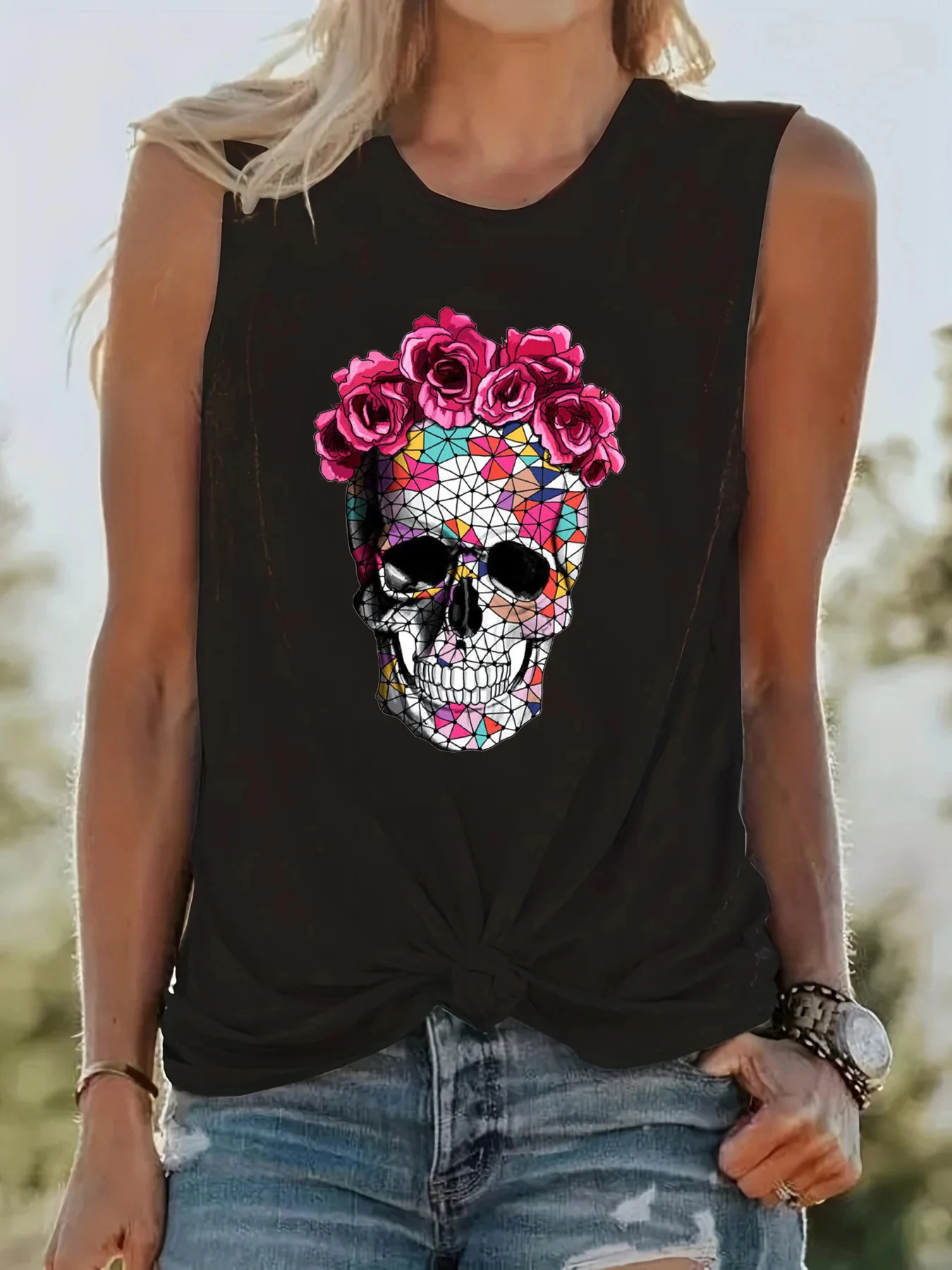 Damska letnia koszulka z nadrukiem szkieletu i róży, duża, na co dzień, z okrągłym dekoltem, bez rękawów, luźna koszulka bez rękawów, moda Streetwear, ponadgabarytowa