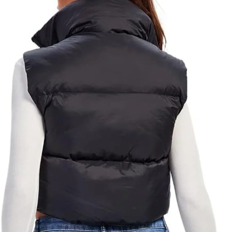 Chaleco de algodón de invierno sin mangas para mujer, chaqueta de plumón ligera, chaleco corto cálido y grueso con cuello levantado para una comodidad elegante