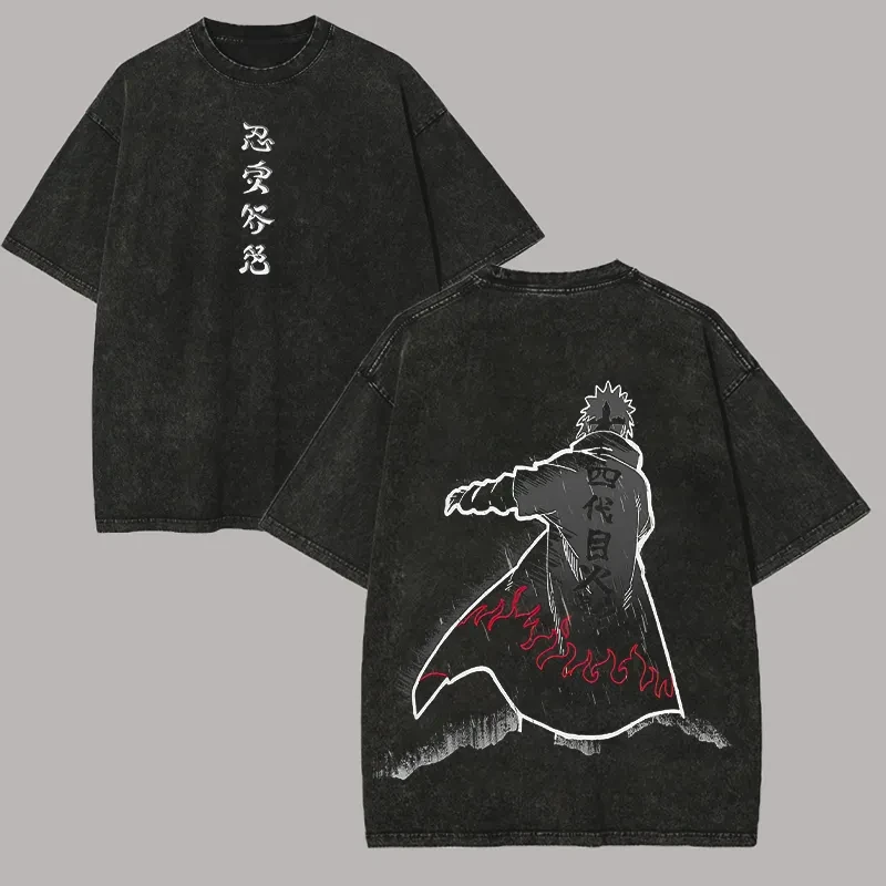 Minato Namikaze T-Shirt Naruto Herren Acid Wash Rücken-Print Hokage Anime Grafik Baumwolle Streetwear Vintage Bootleg Tee