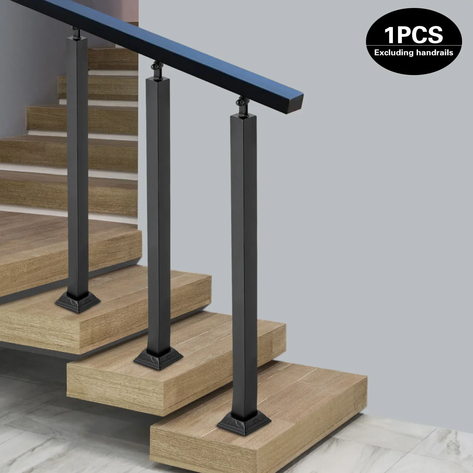 Stair Balusters Post, Black Square Metal Railing Spindles with Flat & Adjustable 270° Angle Bracket, Banister Column for Steps