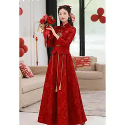New Chinese Style Toast Clothes Xiuhe Suit Burgundy Vintage Improved Simple Qipao Long Sleeve Skirt 2Pcs Wedding Dress Vestidos