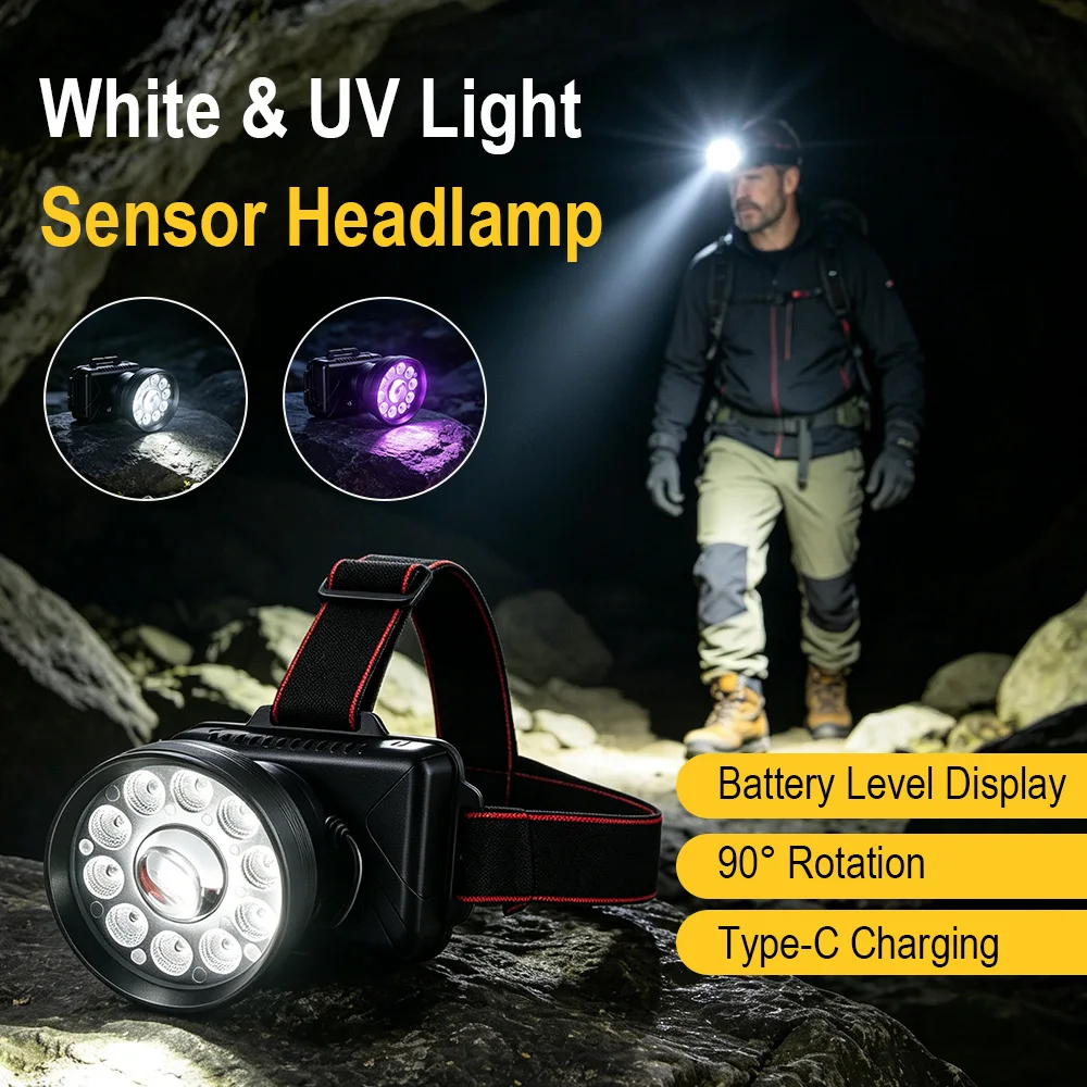 BORUiT Motion Sensor Headlamp 395nm UV Light Type-C Rechargeable Headlight 6 Modes 18650 Front Head Lamp Fishing Camping Lantern