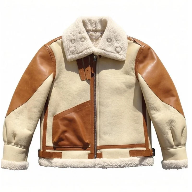 Beige White Winter Shearling Jacket Men Retro Style Plus Size 5XL Real Natural Thick Sheepskin Turn-Down Collar B3 Bomber Coat