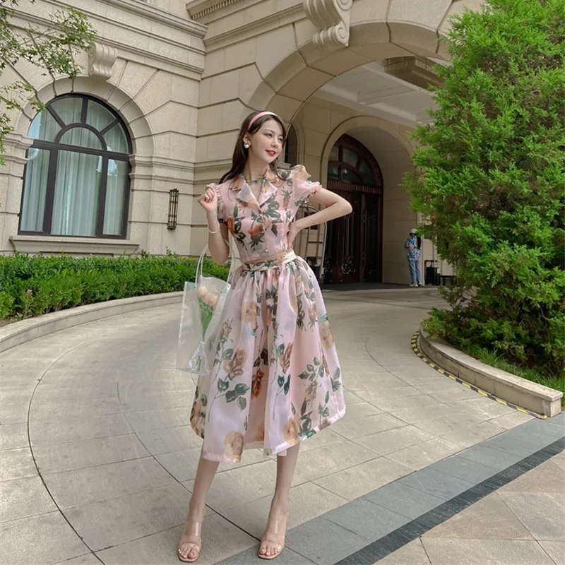 

2022 Summer New Two Pieces Set Women's Floral Dress Printed Bubble Sleeve Short Top Fairy Perspective Organza Vintage Thin