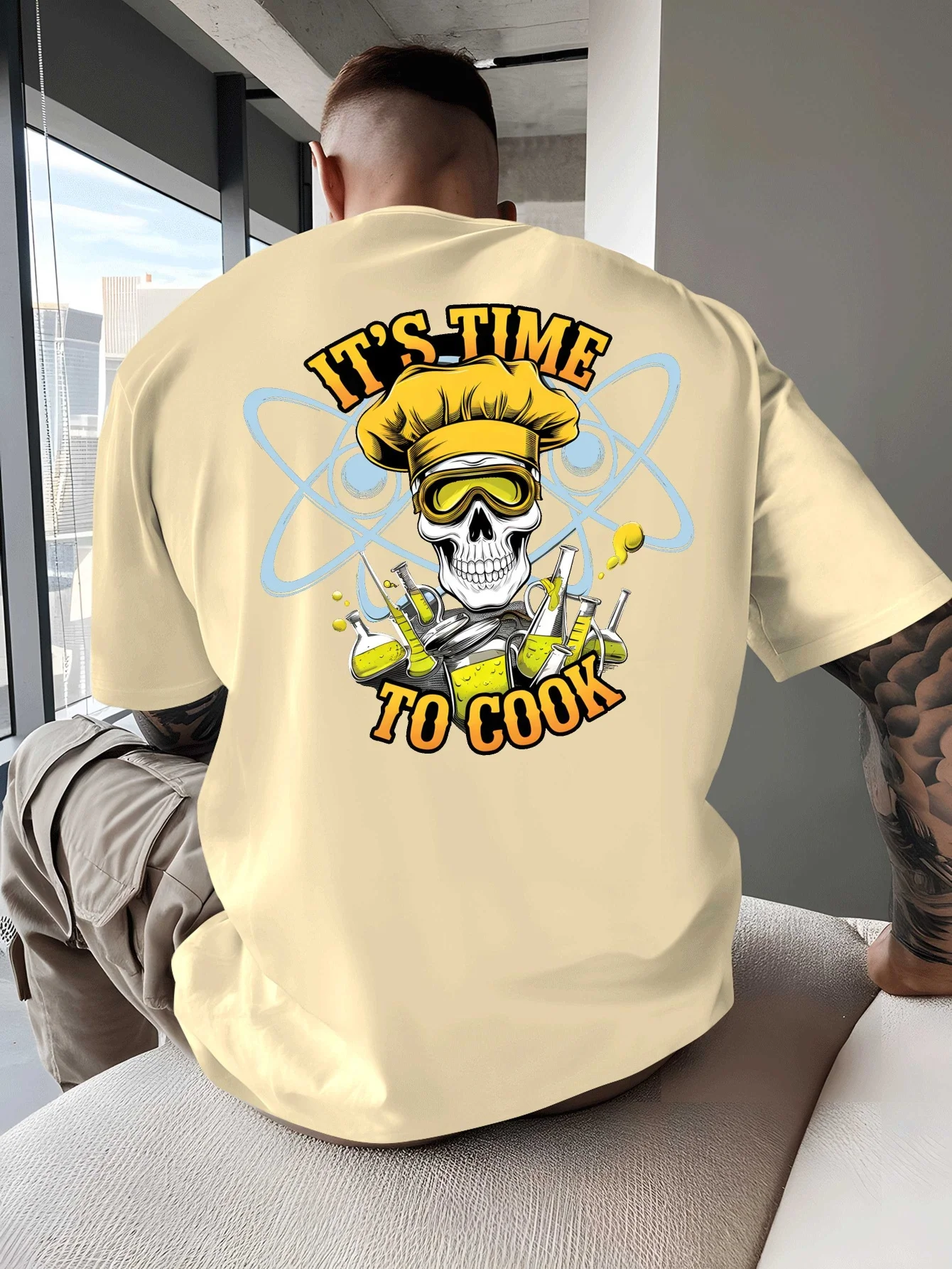 IT S TIME To COOK New Summer Men's Back Printed Short-sleeved T-shirt, Fashion Trend Top, Spring and Summer Round Neck Basic Model, Versatile and Breathable, Suitable for Beach Vacation