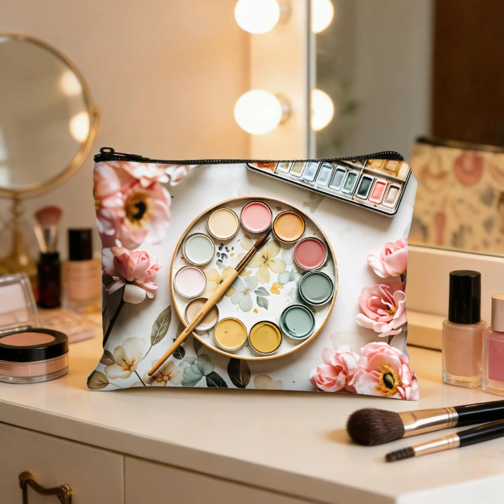 Floral Pattern With Pink Roses Makeup Bags for Girls Cosmetic Pouch Toiletry Bag Pencil Case Travel Storage