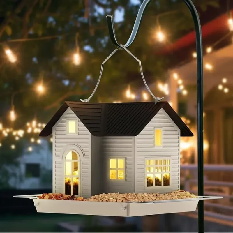 Solar Bird Feeder House Wrought Iron Outdoor Garden Decor Creative Cage Ornament Hanging Yard Art