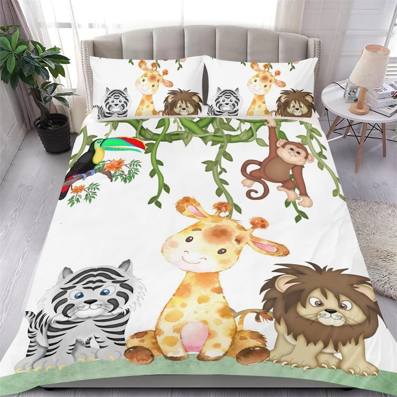 Lovely Baby Elephant Flowers Duvet Cover Set Cute Cartoon Animals Bedding Set Giraffe Quilt Cover Twin Full For Girls Boys Gift