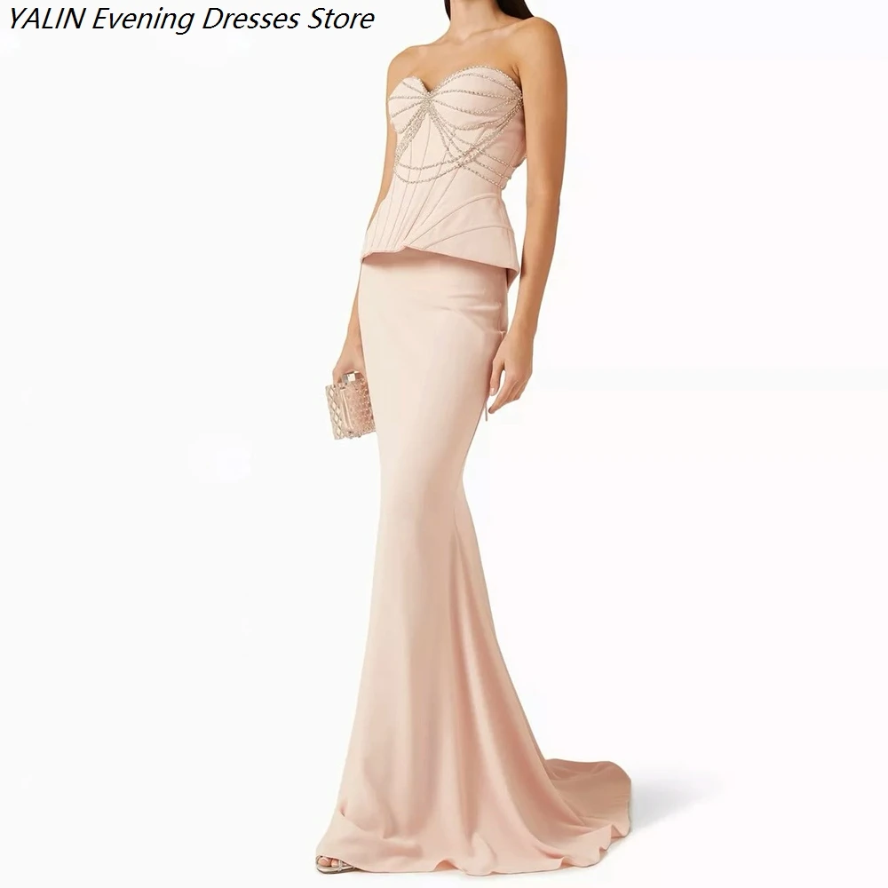 

Women's Mermaid Evening Dresses Floor-length Strapless Sleeveless Prom Dresses Fashion Crystal Simple Draped Customized Gowns