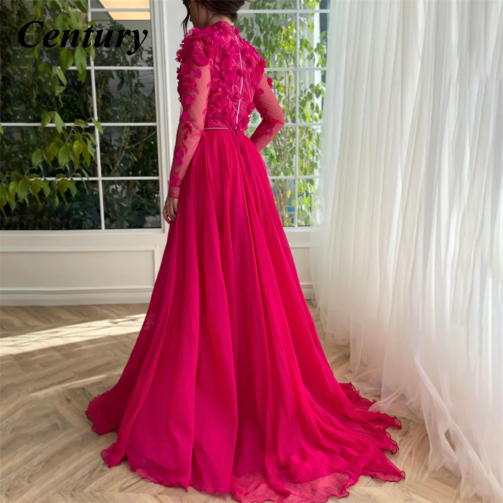 Customized Morden Fuchsia Chiffon 2 Piece Evening Party Gowns 3D Flowers Long Sleeves Prom Dresses Floor Length Celebrity Dress