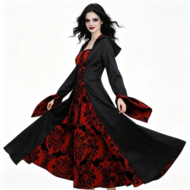 Mittelalterliches gotisches Kapuzenkleid, Hexen- und Vampirkostüm für Damen, Umhangkleid mit Barockdruck, Schnürung in der Taille, Glockenärmel, Halloween-Outfit