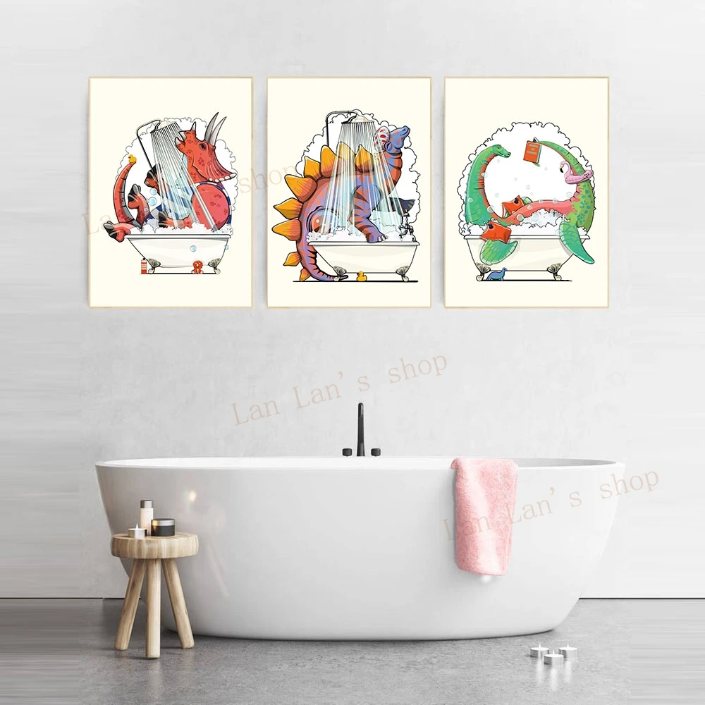 Dinosaur Bathroom Poster Stegosaurus Velociraptor Tyrannosaurus Rex Canvas Painting Dinosaur Prints on Toilets Kids Room Decor