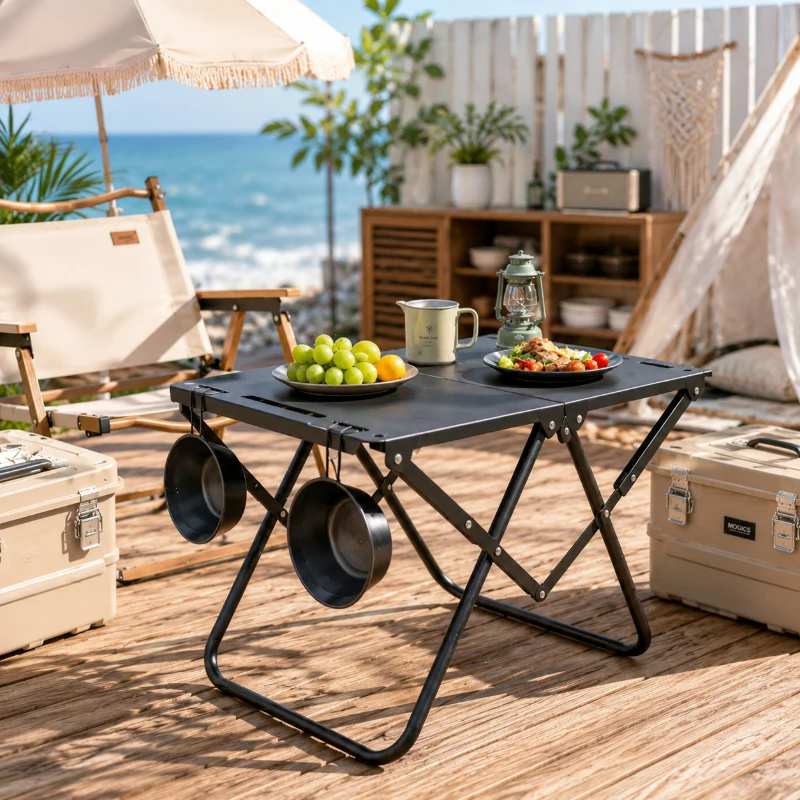 Black Compact Foldable Beach Picnic Table, Hollow Outdoor Desk for Camping, Garden Leisure, Table Only