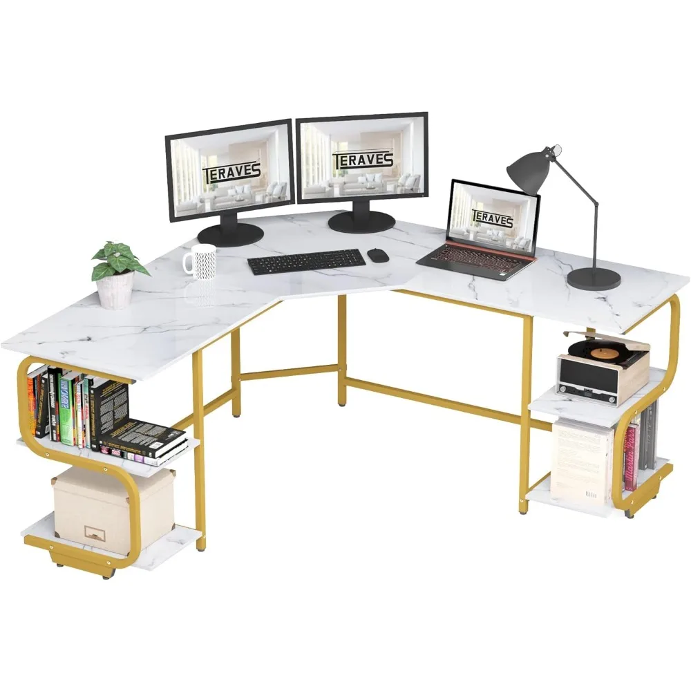 Nowoczesne biurko w kształcie litery L z półkami, biurko komputerowe 64,84 cala/biurko do gier do domowego biura, biurko narożne