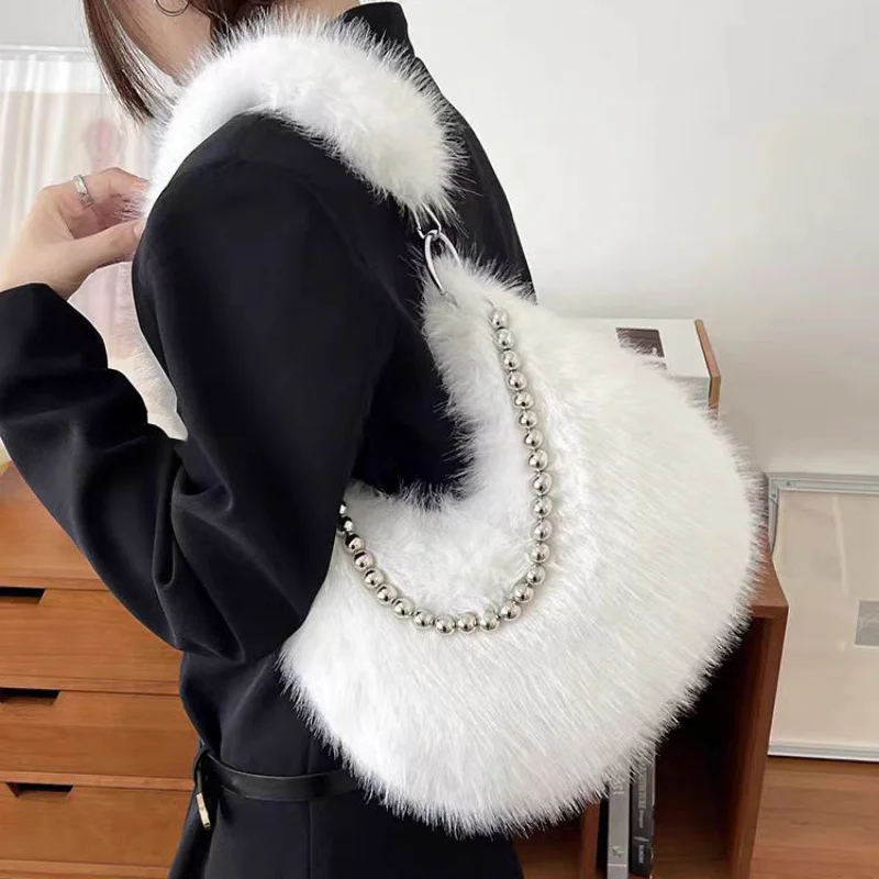 High Looking Furry Tote Bag Fashion Plush Underarm Bag Chain Single Handbag Shoulder Bag Fox Fur Crossbody Bag for Women Daily